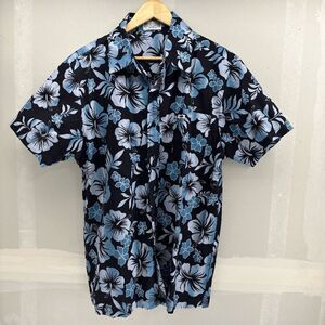 Taaroa Mens Medium Hawaiian Camp Shirt Black Blue Flowers Floral Relaxed EUC